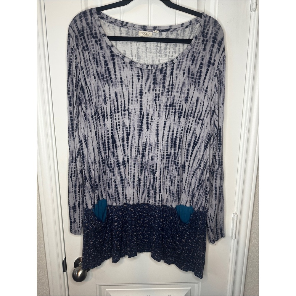 LOGO by Lori Goldstein top Women's 2x Gray Tie-Dye Mixed-Print Long Sleeve